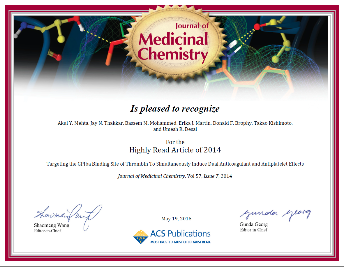  Akul Mehta, Research Assistant, has been congratulated by the Journal of Medicinal Chemistry